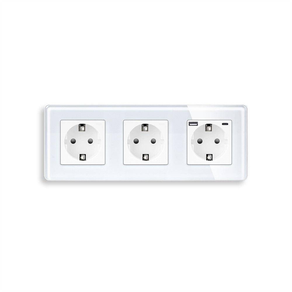 Розетка ELIOS з USB A+C 20Вт, із заземленням, шторки, біла, скляна рамка, 250В 16А