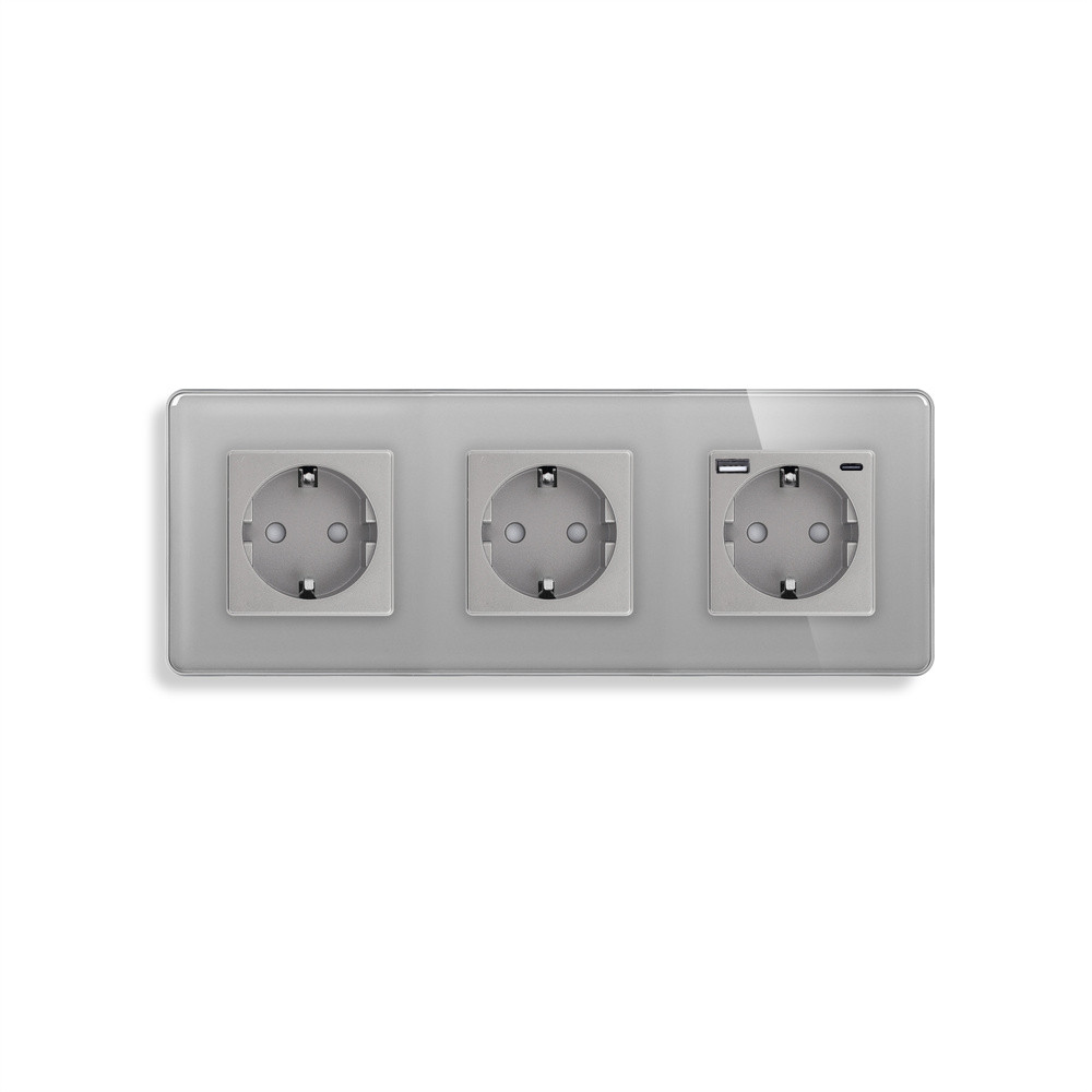 Розетка ELIOS з USB A+C 20Вт, із заземленням, шторки, сіра, скляна рамка, 250В 16А