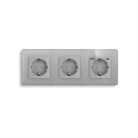 Розетка ELIOS з USB A+C 20Вт, із заземленням, шторки, сіра, скляна рамка, 250В 16А