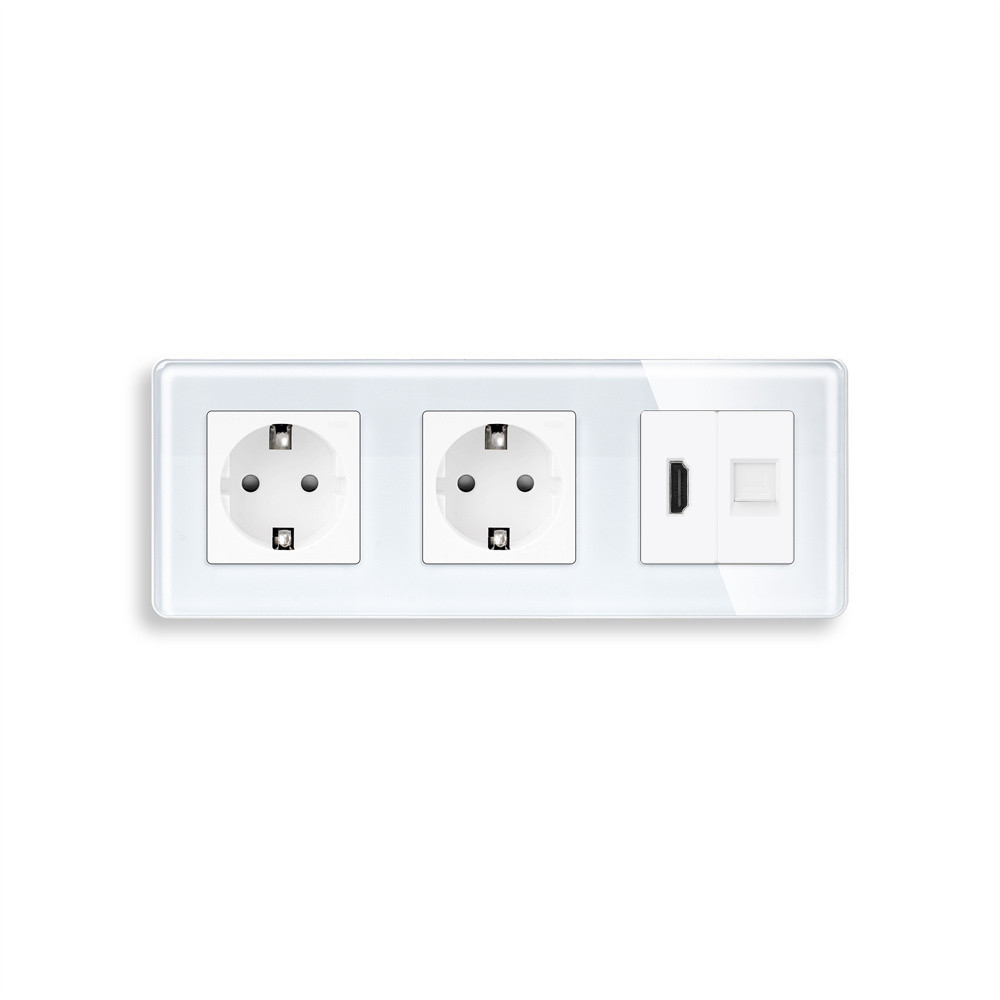 Розетка ELIOS з HDMI і Інтернет RJ-45, біла, настінна, скляна рамка