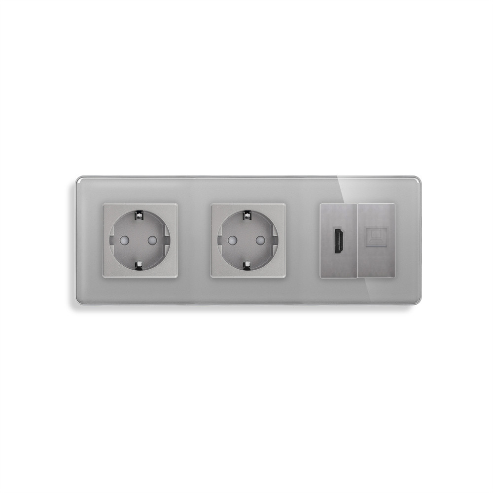 Розетка ELIOS з HDMI і Інтернет RJ-45, сіра, настінна, скляна рамка
