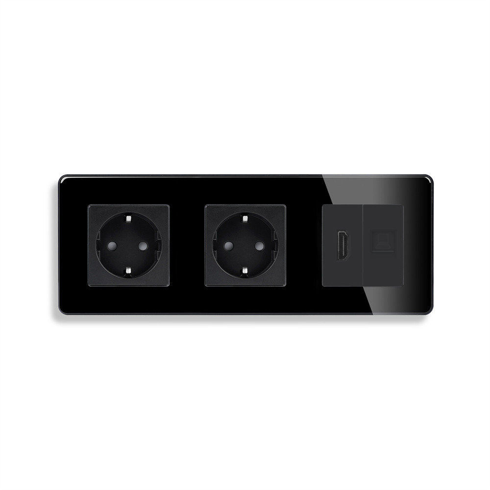 Розетка ELIOS з HDMI і Інтернет RJ-45, чорна, настінна, скляна рамка