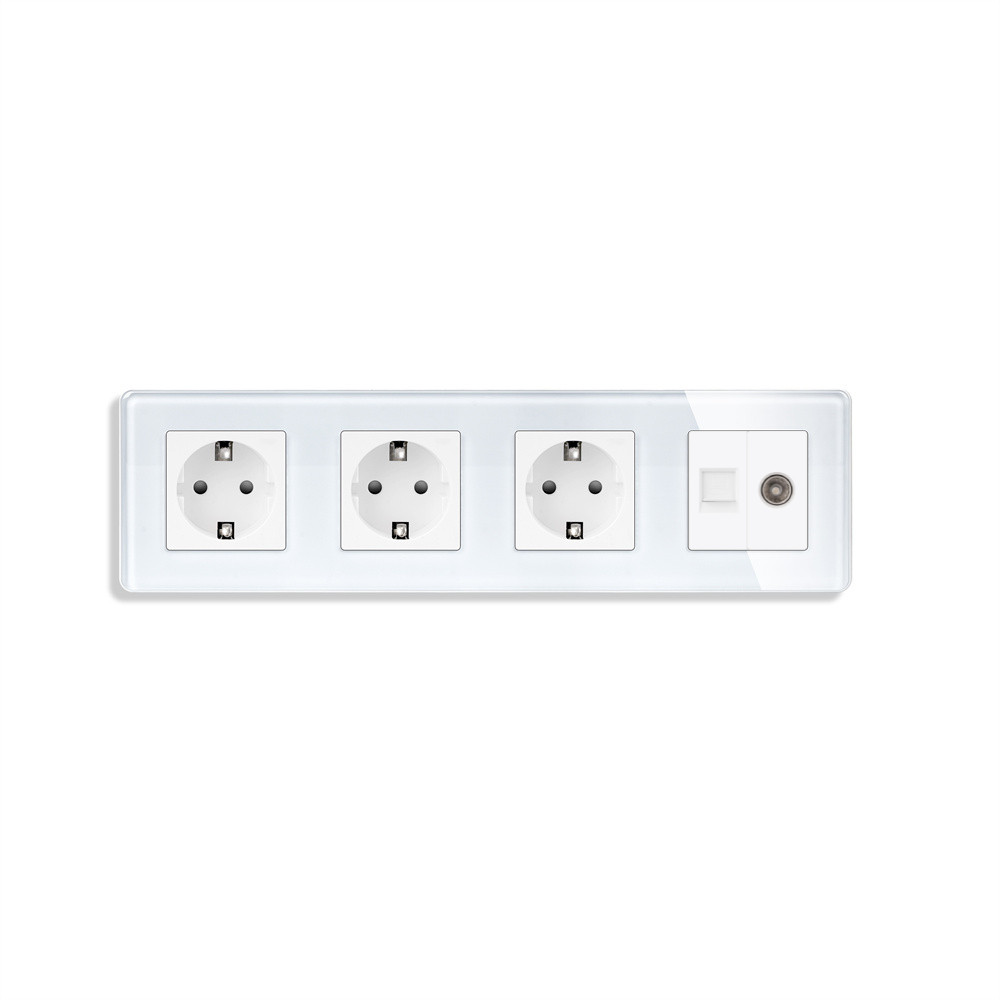 Розетка чотиримісна ELIOS Силова + Інтернет RJ-45 + ТБ, біла, настінна, скляна рамка