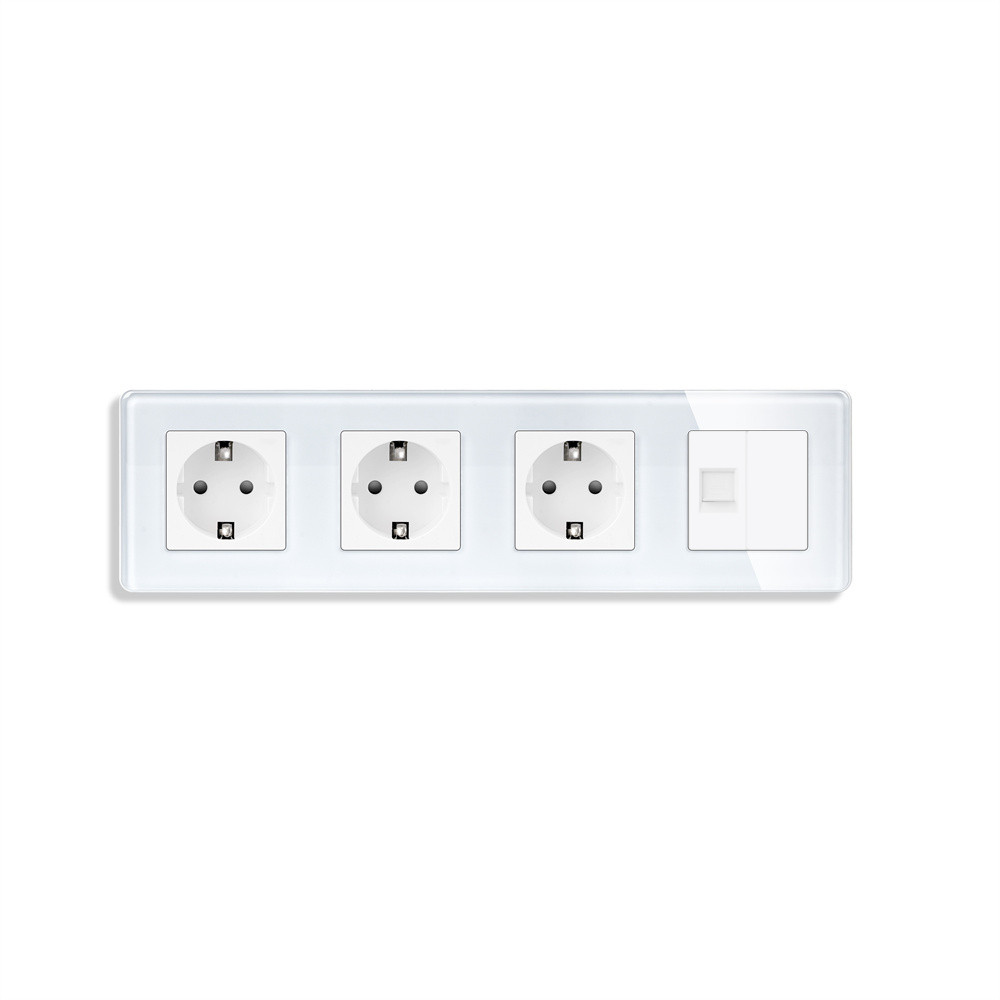 Розетка чотиримісна ELIOS Силова + Інтернет RJ-45, біла, настінна, скляна рамка