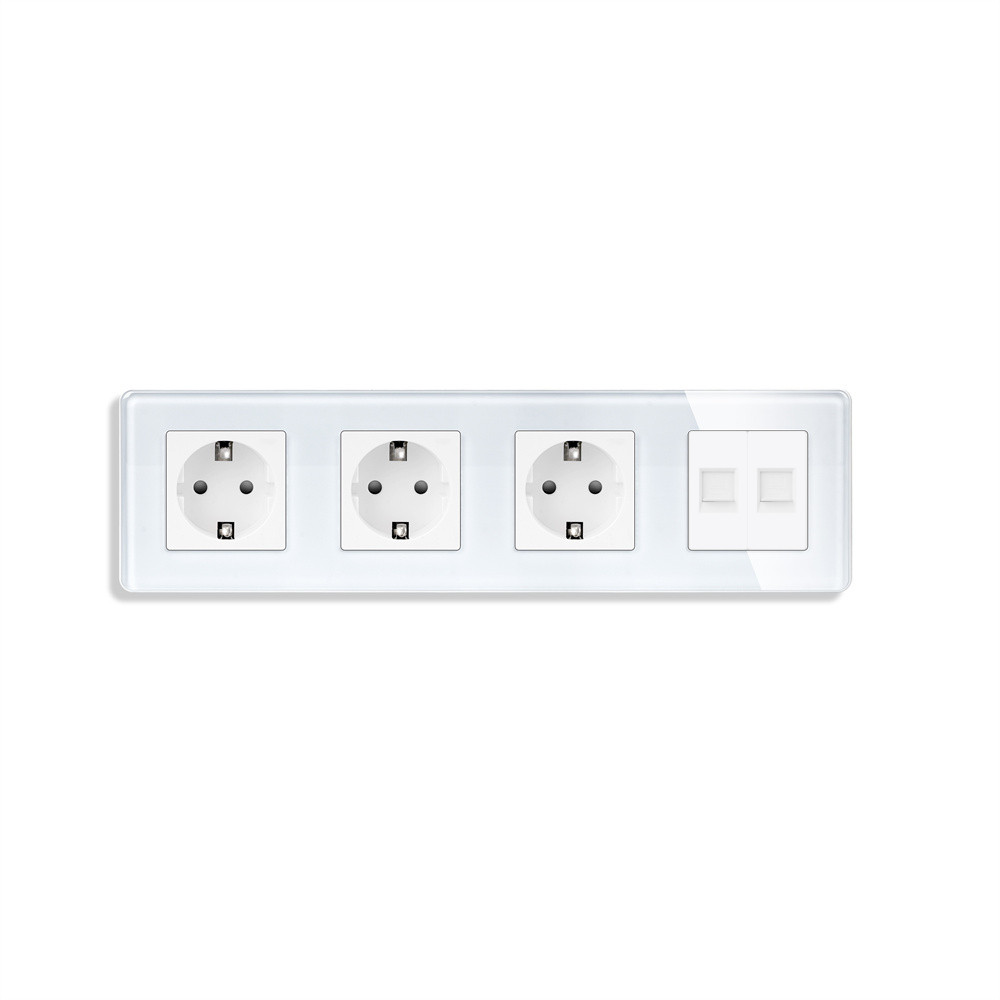 Розетка чотиримісна з двома інтернет портами RJ-45, ELIOS біла, настінна дизайнерська, скляна рамка
