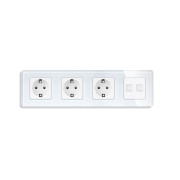 Розетка чотиримісна з двома інтернет портами RJ-45, ELIOS біла, настінна дизайнерська, скляна рамка