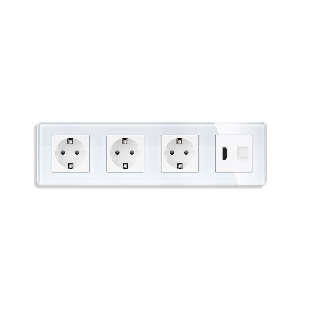 Розетка чотиримісна з HDMI і Інтернет RJ-45, ELIOS біла, настінна, скляна рамка