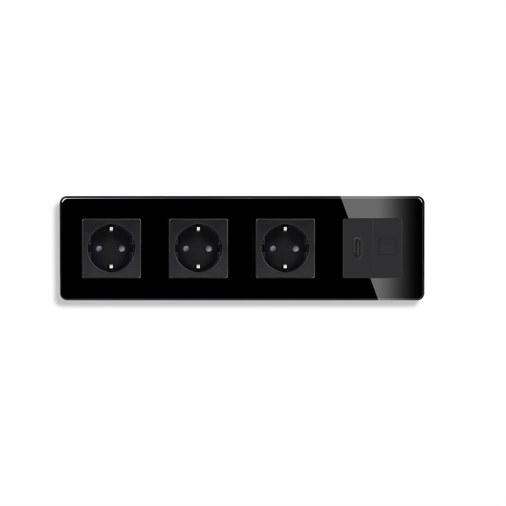 Розетка чотиримісна з HDMI і Інтернет RJ-45, ELIOS чорна, настінна, скляна рамка