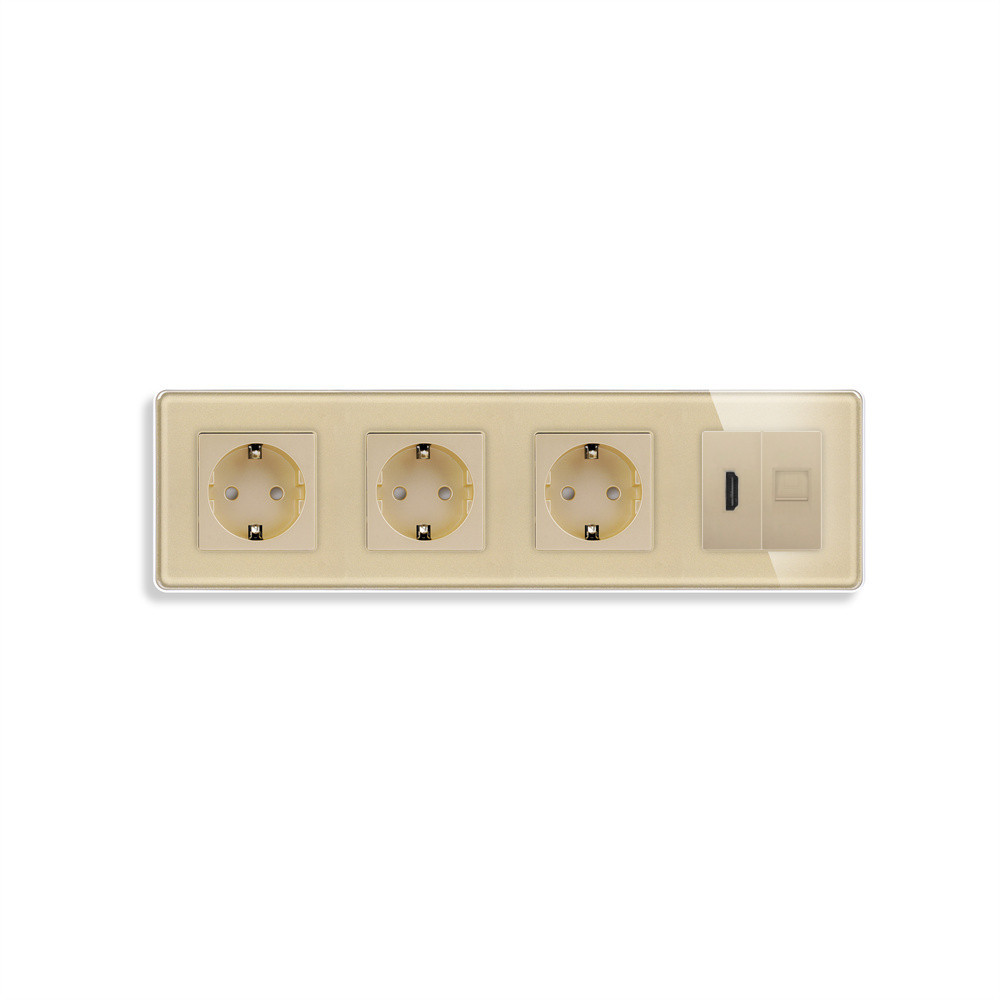 Розетка чотиримісна з HDMI і Інтернет RJ-45, ELIOS золота, настінна, скляна рамка