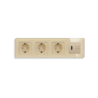 Розетка чотиримісна з HDMI і Інтернет RJ-45, ELIOS золота, настінна, скляна рамка