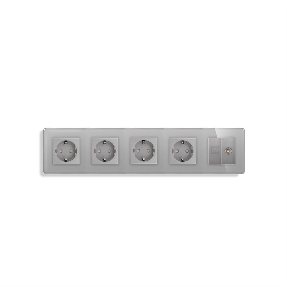 Розетка п’ятимісна ELIOS Силова + Інтернет RJ-45 + ТБ, сіра, настінна, скляна рамка