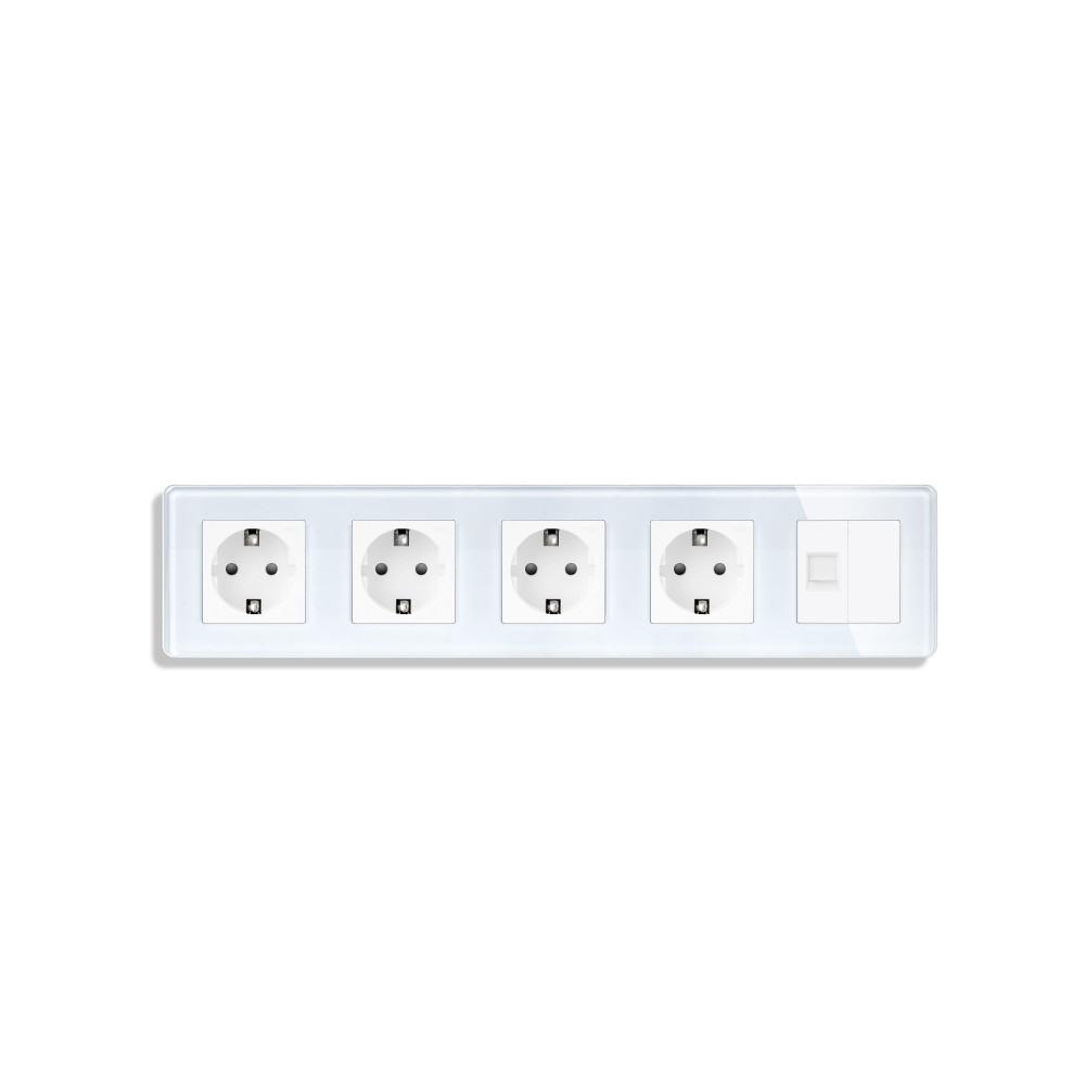 Розетка п’ятимісна ELIOS Силова + Інтернет RJ-45, біла, настінна, скляна рамка