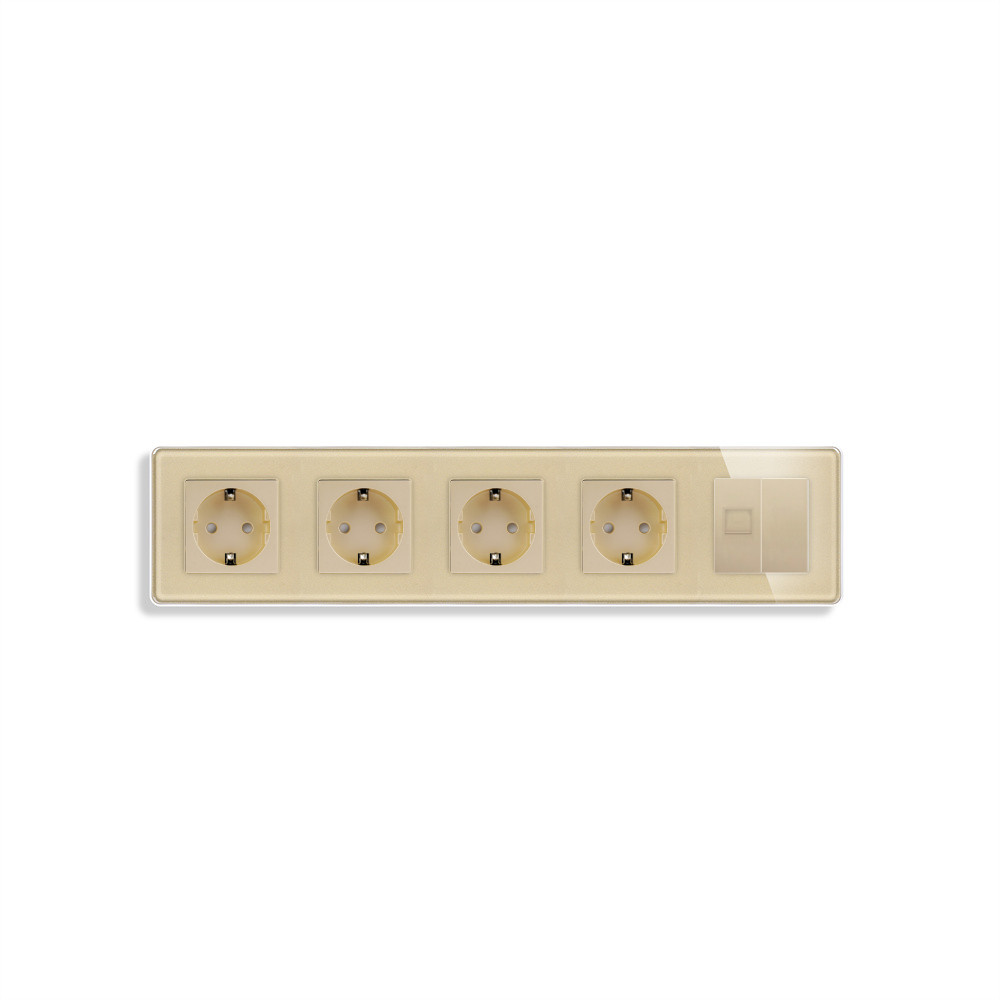 Розетка п’ятимісна ELIOS Силова + Інтернет RJ-45, золота, настінна, скляна рамка