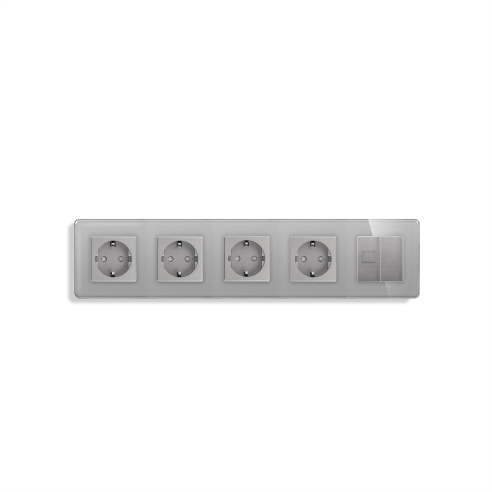 Розетка п’ятимісна ELIOS Силова + Інтернет RJ-45, сіра, настінна, скляна рамка