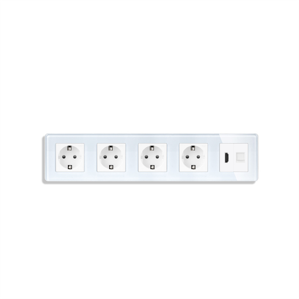 Розетка п’ятимісна з HDMI і Інтернет RJ-45, ELIOS біла, настінна, скляна рамка