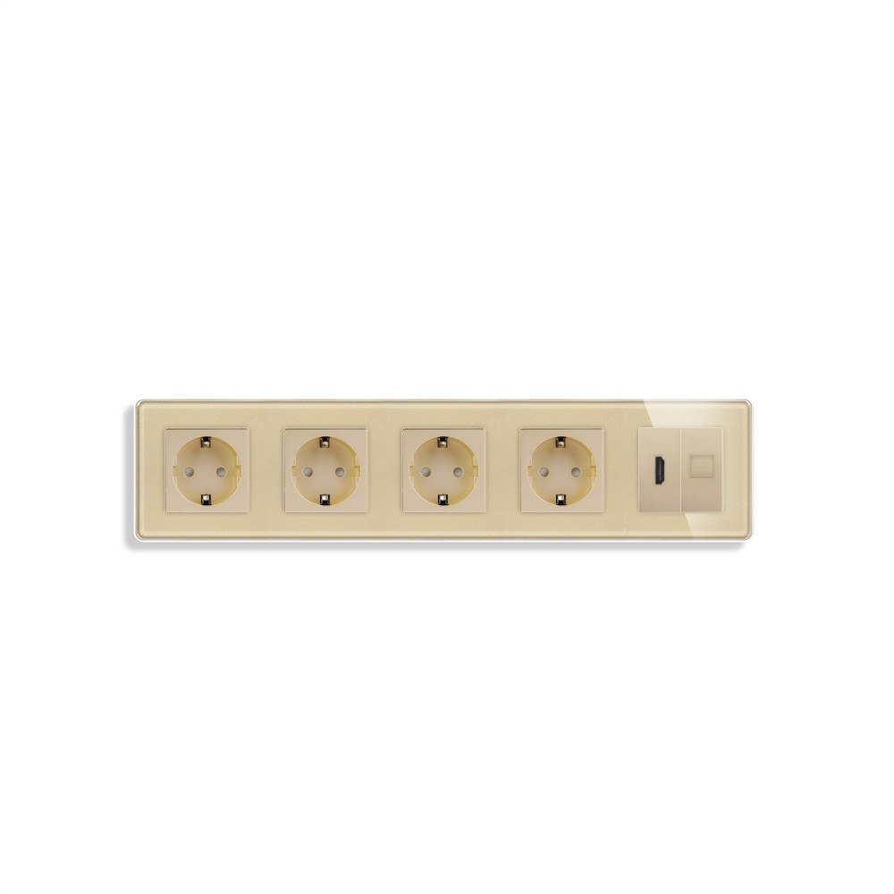 Розетка п’ятимісна з HDMI і Інтернет RJ-45, ELIOS золота, настінна, скляна рамка