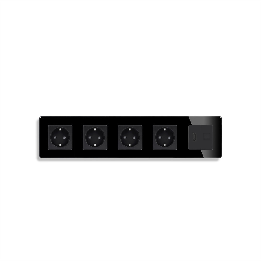 Розетка п’ятимісна з HDMI і Інтернет RJ-45, ELIOS чорна, настінна, скляна рамка