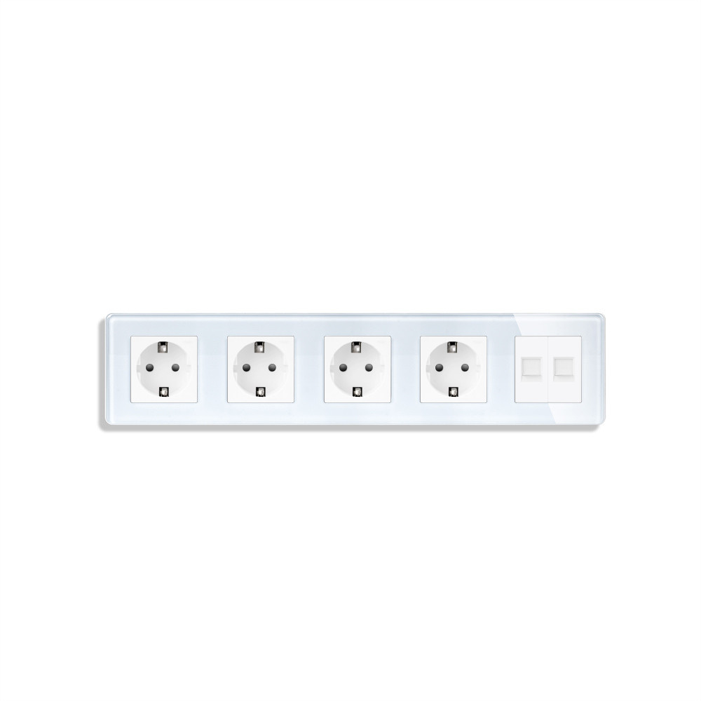 Розетка п’ятимісна з двома інтернет портами RJ-45, ELIOS біла, настінна дизайнерська, скляна рамка