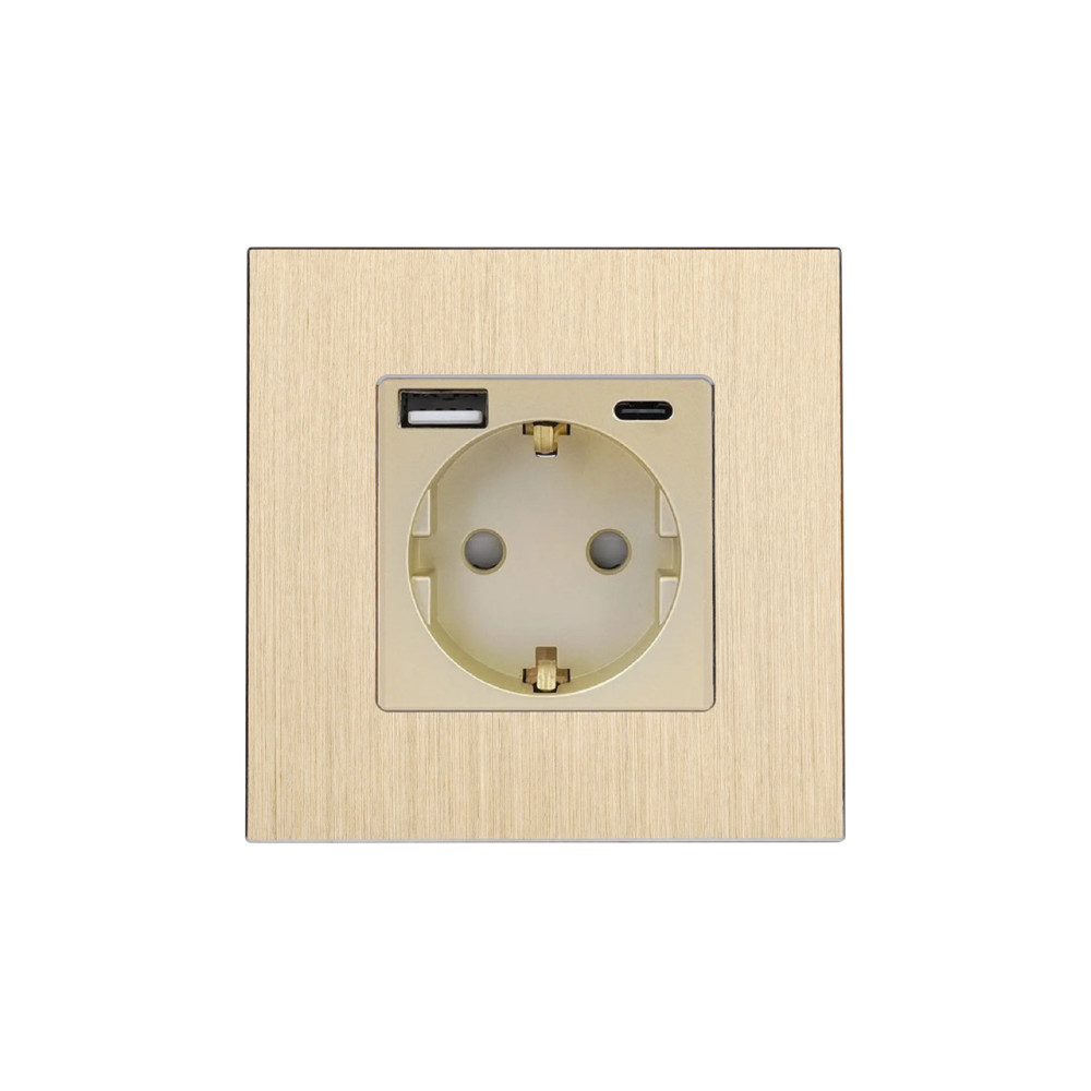 Розетка WALLPAD з USB A+C 20Вт для зарядки, заземлення, золота алюмінієва рамка, сенсорна настінна 250В 16А