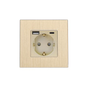 Розетка WALLPAD з USB A+C 20Вт для зарядки, заземлення, золота алюмінієва рамка, сенсорна настінна 250В 16А