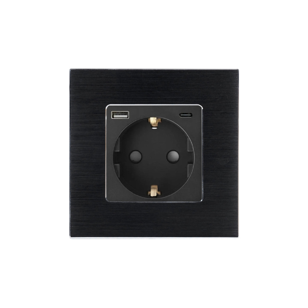 Розетка WALLPAD з USB A+C 20Вт для зарядки, із заземленням, чорна алюмінієва рамка, сенсорна настінна 250В 16А