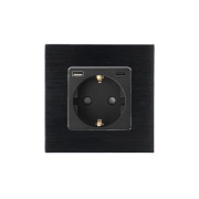 Розетка WALLPAD з USB A+C 20Вт для зарядки, із заземленням, чорна алюмінієва рамка, сенсорна настінна 250В 16А