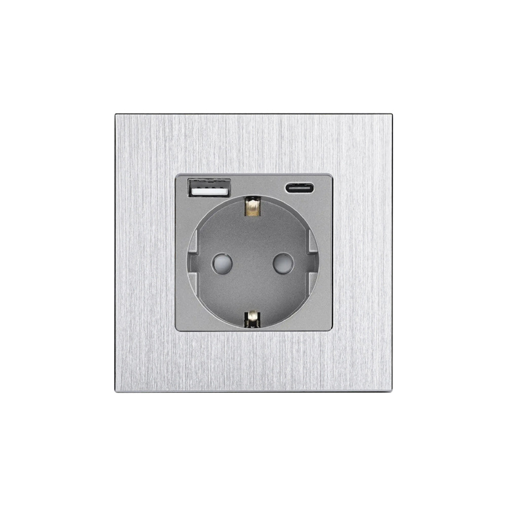 Розетка WALLPAD з USB A+C 20Вт для зарядки, із заземленням, сіра алюмінієва рамка, сенсорна настінна 250В 16А