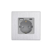 Розетка WALLPAD з USB A+C 20Вт для зарядки, із заземленням, сіра алюмінієва рамка, сенсорна настінна 250В 16А