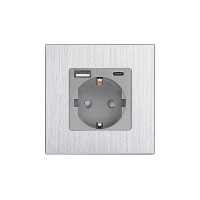Розетка WALLPAD з USB A+C 20Вт для зарядки, із заземленням, сіра алюмінієва рамка, сенсорна настінна 250В 16А