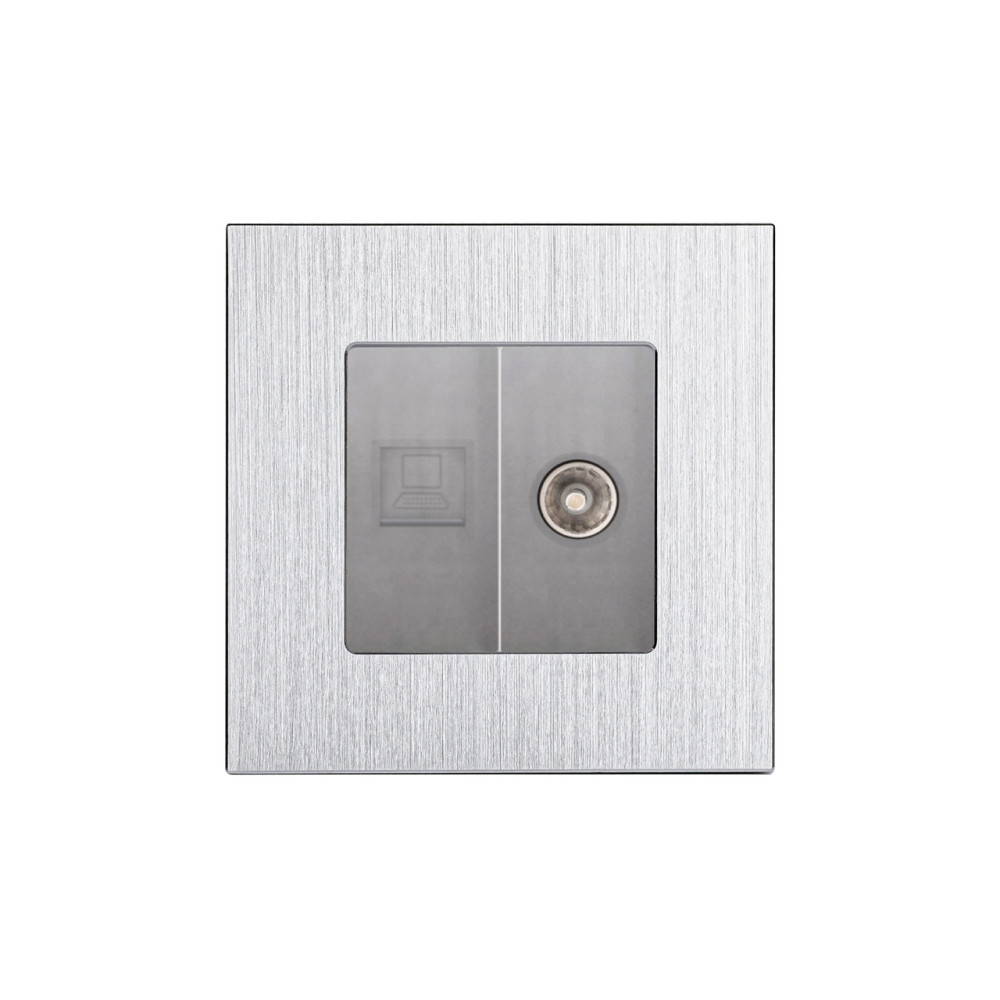 Комп’ютерна розетка RJ-45 + ТВ розетка WALLPAD, алюмінієва рамка, сірий колір, настінна