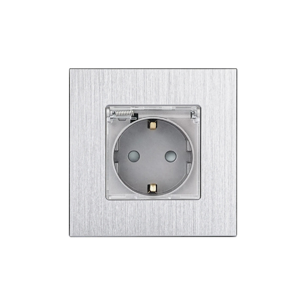 Електрична розетка WALLPAD з кришкою IP44, заземлення, сіра, настінна дизайнерська, алюмінієва рамка, 250В 16А