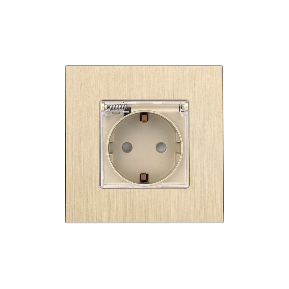 Електрична розетка WALLPAD з кришкою IP44, золота, настінна дизайнерська, алюмінієва рамка, 250В 16А