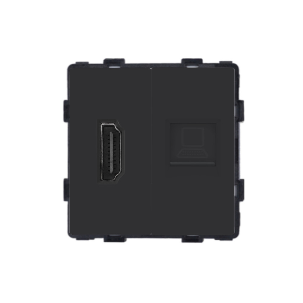 Розетка HDMI комп’ютерна RJ-45 WALLPAD, чорна алюмінієва рамка, настінна дизайнерська, для ТВ і мультимедіа