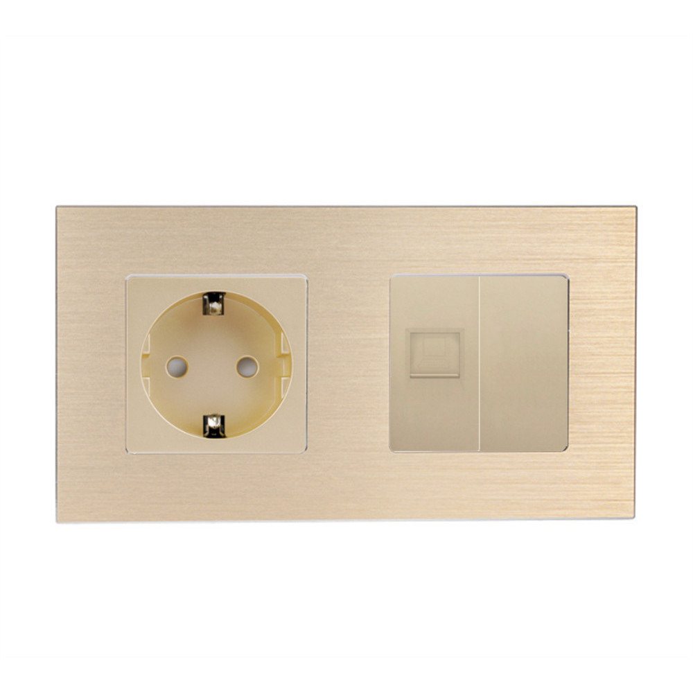 Розетка WALLPAD силова + інтернет (RJ-45), золота, настінна дизайнерська, алюмінієва рамка