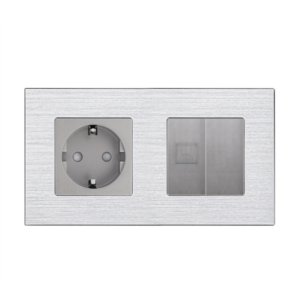 Розетка WALLPAD силова + інтернет (RJ-45), сіра, настінна дизайнерська, алюмінієва рамка