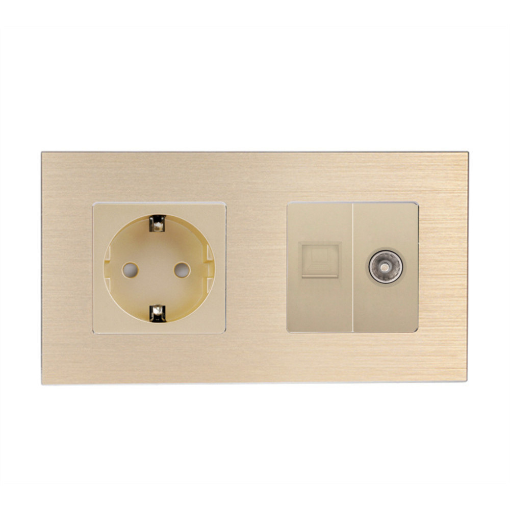 Розетка WALLPAD силова + інтернет (RJ-45) + ТВ, золота, настінна дизайнерська, алюмінієва рамка
