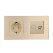 Розетка WALLPAD силова + інтернет (RJ-45) + ТВ, золота, настінна дизайнерська, алюмінієва рамка