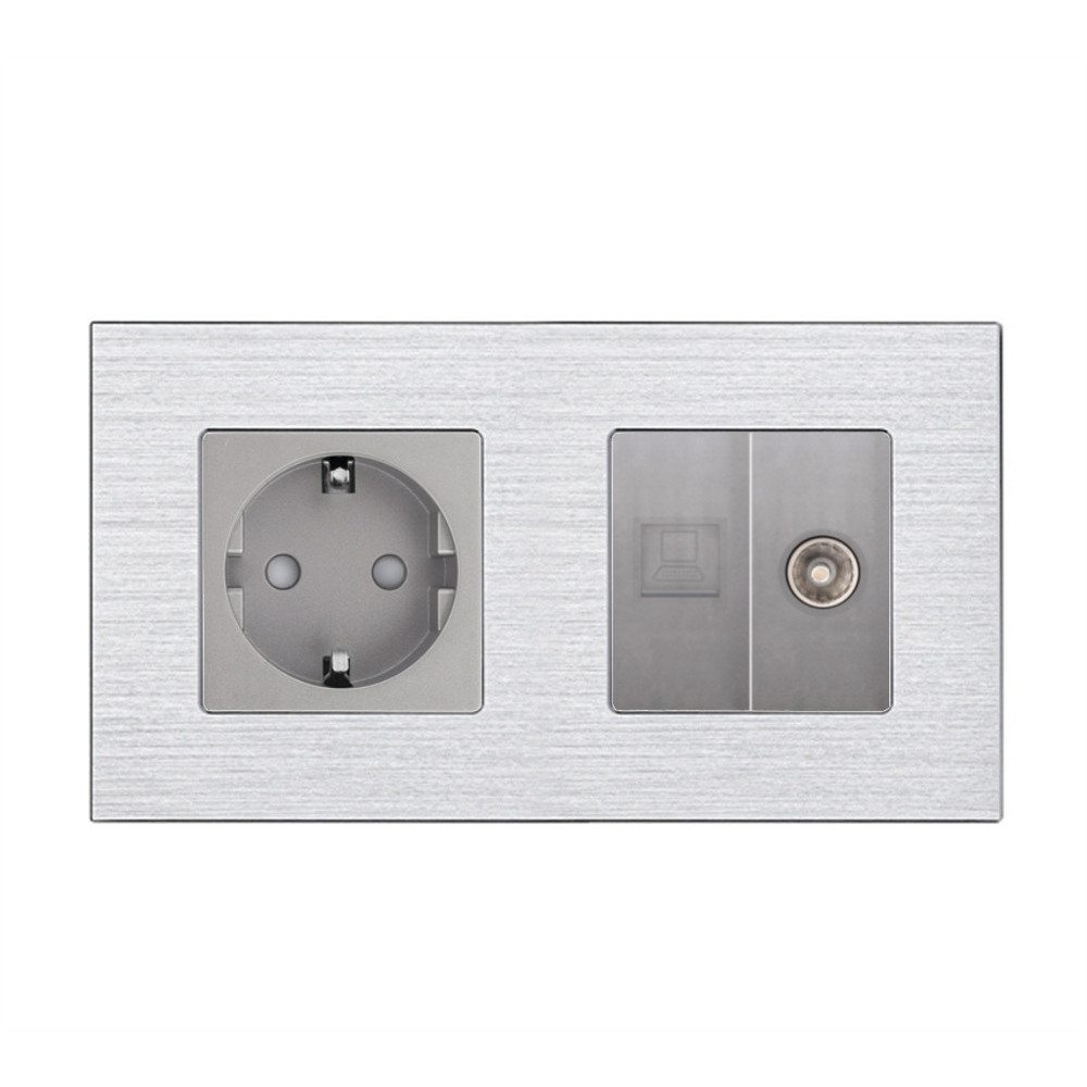Розетка WALLPAD силова + інтернет (RJ-45) + ТВ, сіра, настінна дизайнерська, алюмінієва рамка
