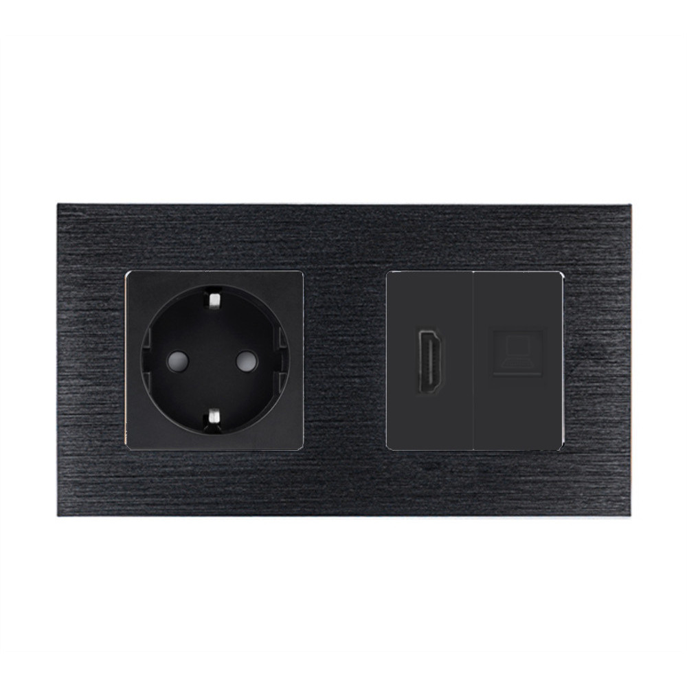 Розетка WALLPAD з HDMI і інтернет портом RJ-45, чорна, настінна дизайнерська, алюмінієва рамка