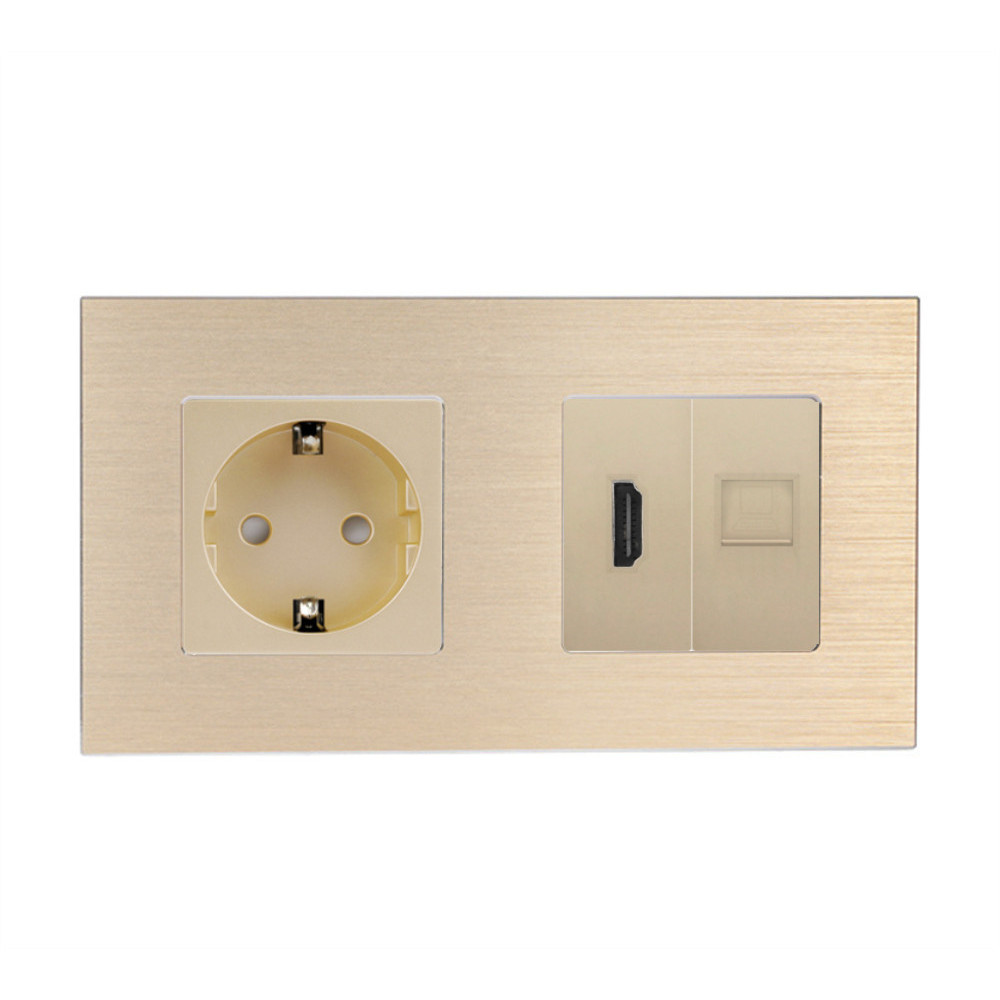 Розетка WALLPAD з HDMI і інтернет портом RJ-45, золота, настінна дизайнерська, алюмінієва рамка