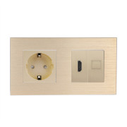 Розетка WALLPAD з HDMI і інтернет портом RJ-45, золота, настінна дизайнерська, алюмінієва рамка