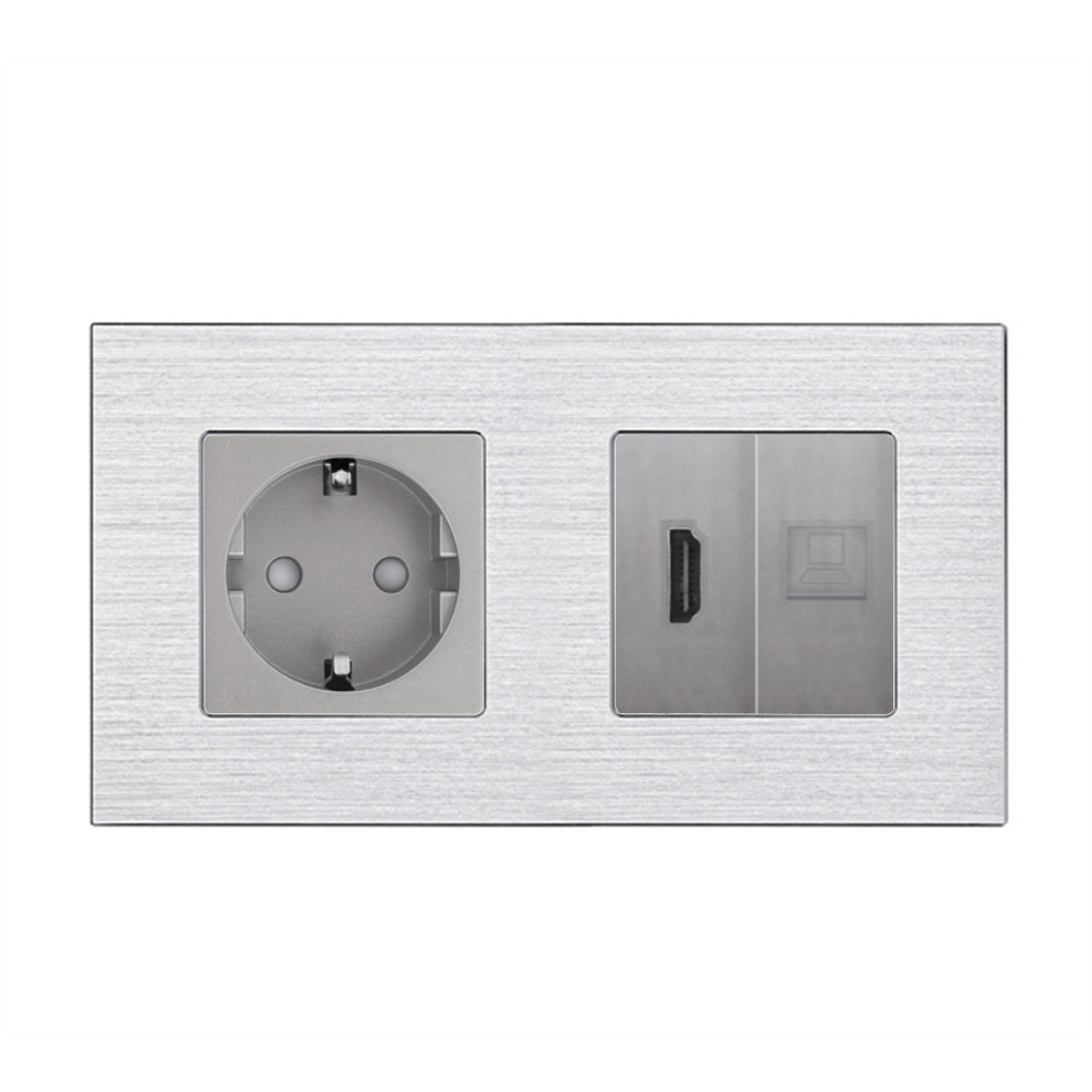 Розетка WALLPAD з HDMI і інтернет портом RJ-45, сіра, настінна дизайнерська, алюмінієва рамка