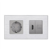 Розетка WALLPAD з HDMI і інтернет портом RJ-45, сіра, настінна дизайнерська, алюмінієва рамка