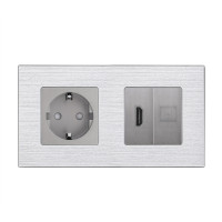 Розетка WALLPAD з HDMI і інтернет портом RJ-45, сіра, настінна дизайнерська, алюмінієва рамка