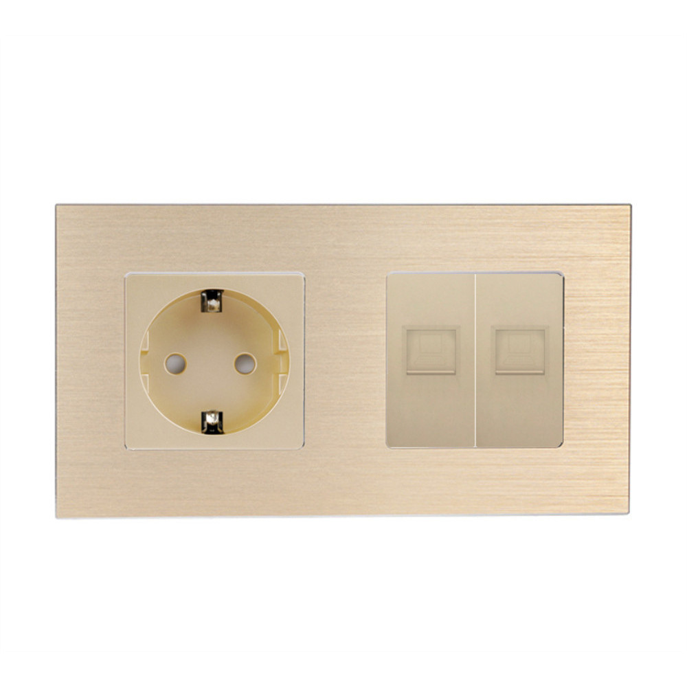 Розетка WALLPAD з двома інтернет портами RJ-45, золота, настінна дизайнерська, алюмінієва рамка