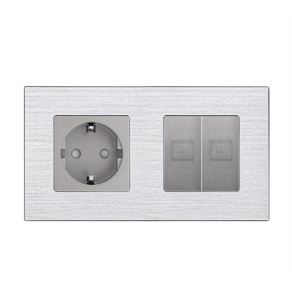 Розетка WALLPAD з двома інтернет портами RJ-45, сіра, настінна дизайнерська, алюмінієва рамка