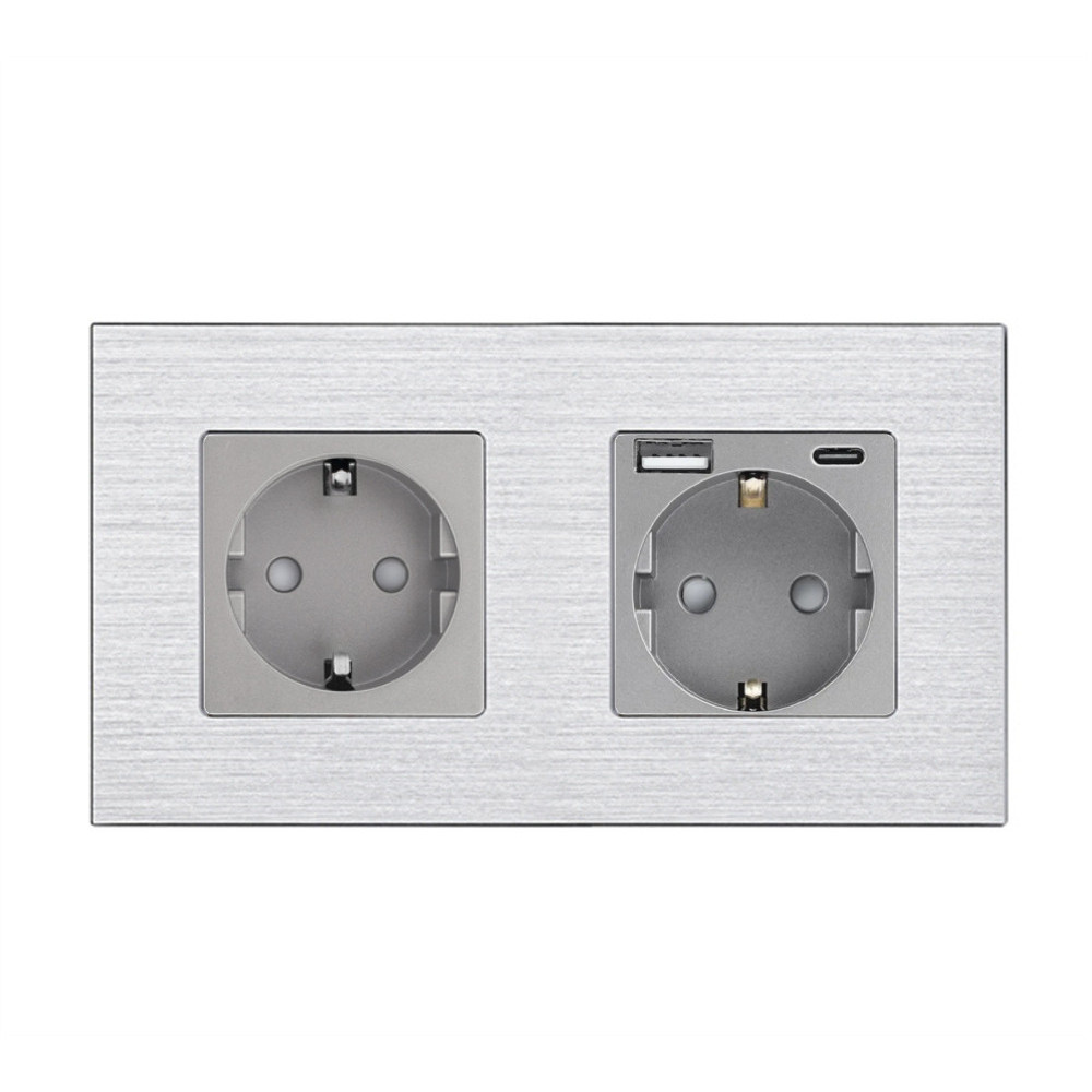 Подвійна розетка WALLPAD з USB A+C 20Вт, із заземленням, шторки, сіра, алюмінієва рамка, 250В, 16А