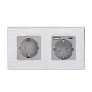 Подвійна розетка WALLPAD з USB A+C 20Вт, із заземленням, шторки, сіра, алюмінієва рамка, 250В, 16А