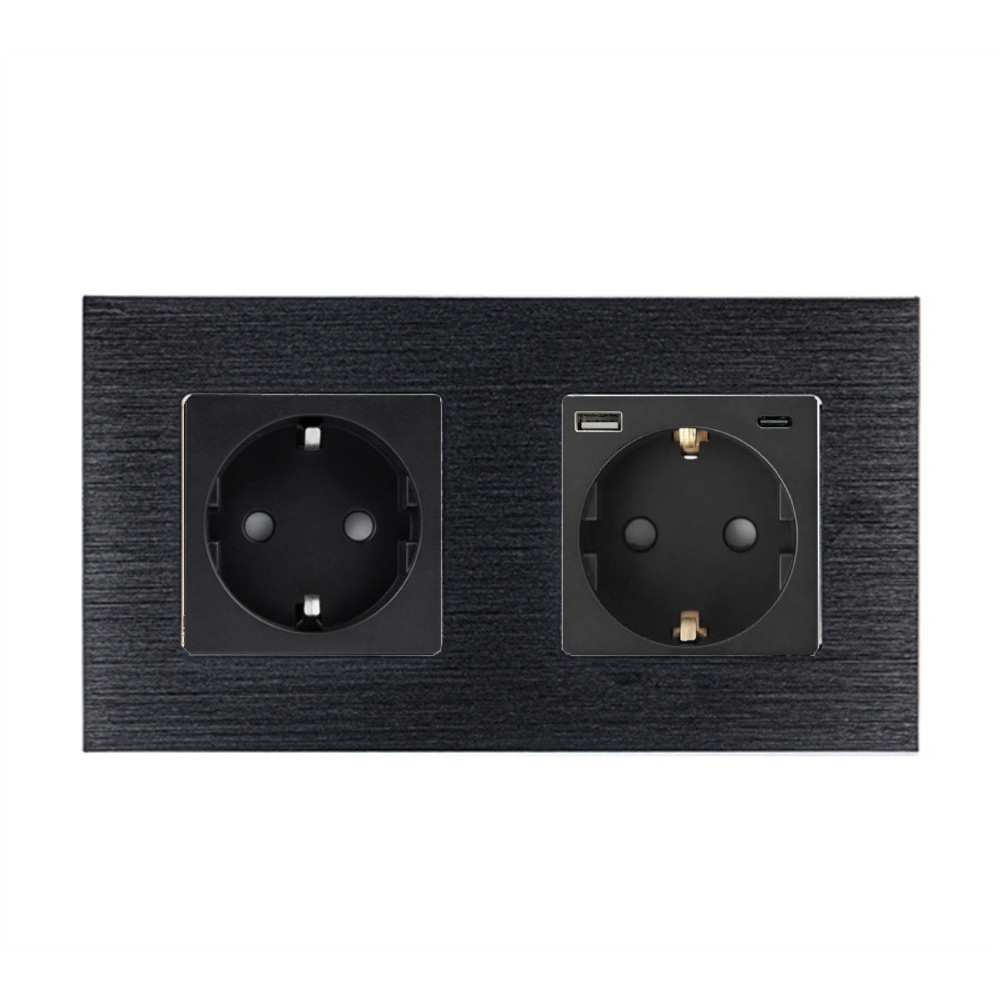 Подвійна розетка WALLPAD з USB A+C 20Вт, із заземленням, шторки, чорна, алюмінієва рамка, 250В, 16А
