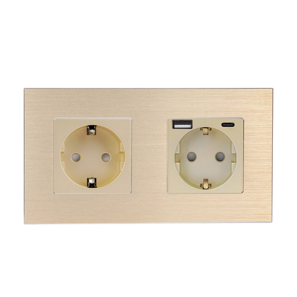 Подвійна розетка WALLPAD з USB A+C 20Вт, із заземленням, шторки, золота, алюмінієва рамка, 250В, 16А